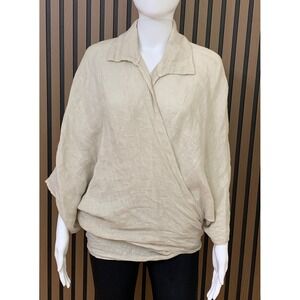 Bella Amore Italy Linen Wrap Blouse Lagenlook Oatmeal Beige Made in Italy L/XL